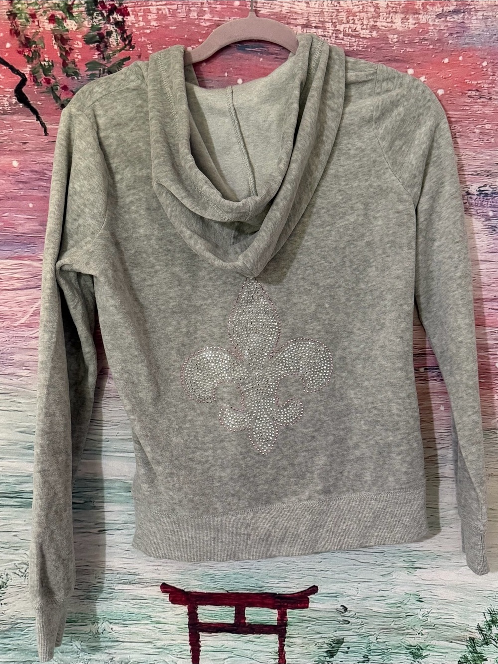 Gray Rhinestone Fleur-de-Lis Hooded Women's Top